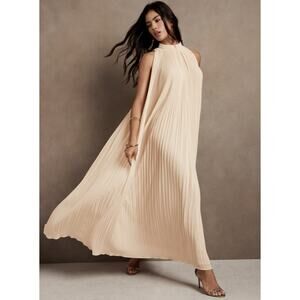 BANANA REPUBLIC Radiant Maxi Dress Ivory Sunburst Pleated Halter Neck Women's XL